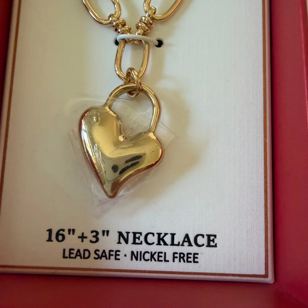 Piper.k Gold Tone Puffed HeartLink Chain Necklace 16+3 Inch NIB Lead Nickel Free